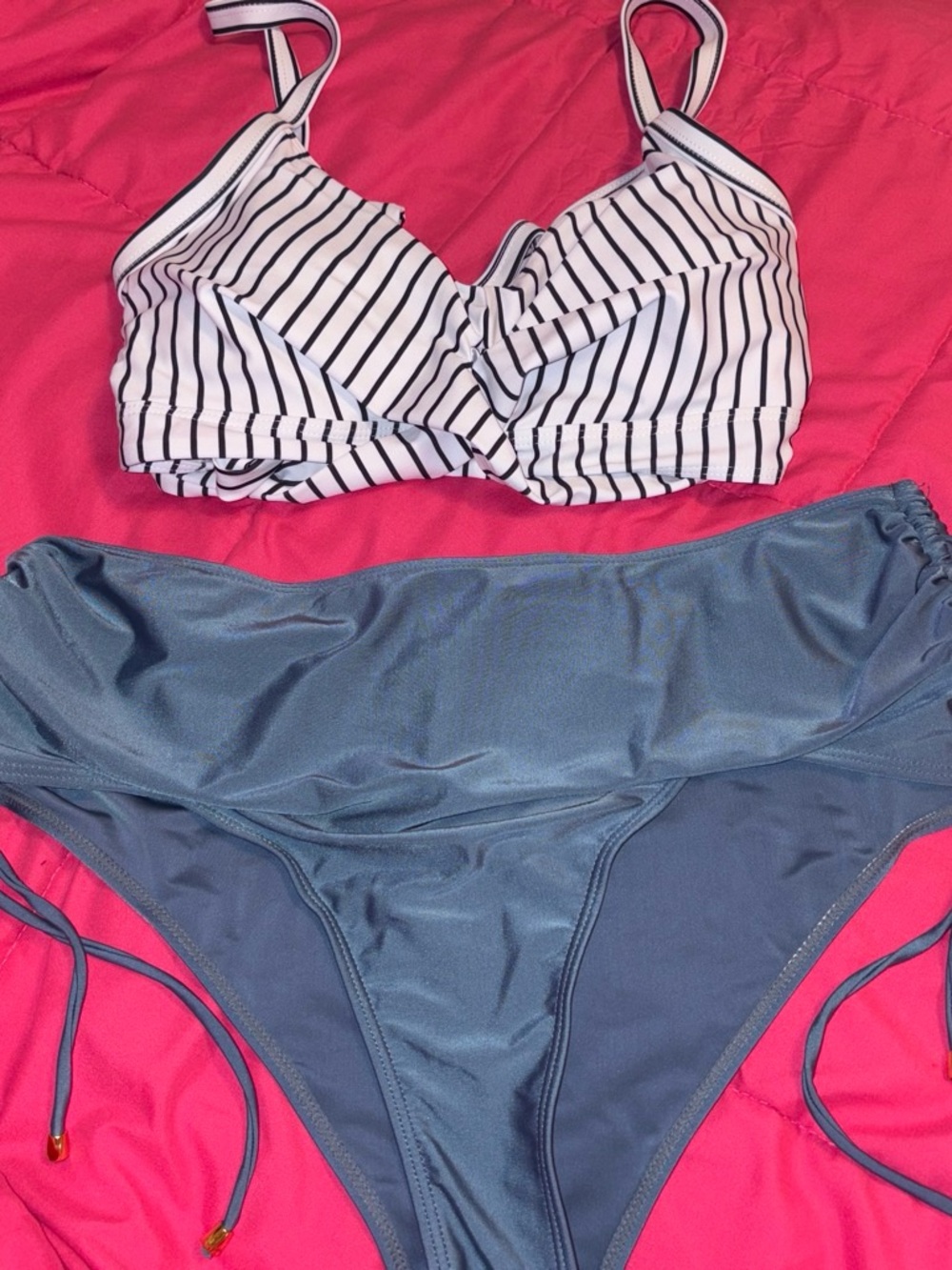 Striped White & Black Bikini Top with Slate Blue Bikini Bottom - Women Swim